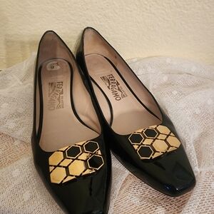 Salvatore Ferragamo Black Patent Leather Block Pumps Size 9